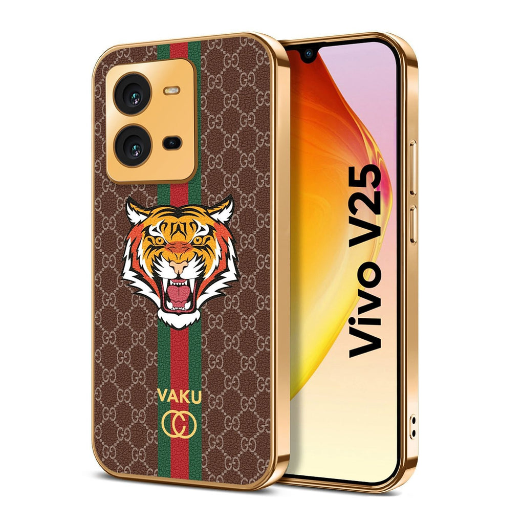 Vaku ® Vivo V25 5G Lynx Designer Leather Pattern Gold Electroplated Soft TPU Back Cover Case