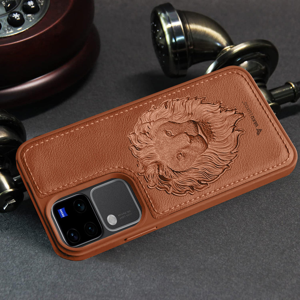 Vaku ® Vivo V30 5G Lion Embossed Luxury Designer Leather Protective Back Cover Case