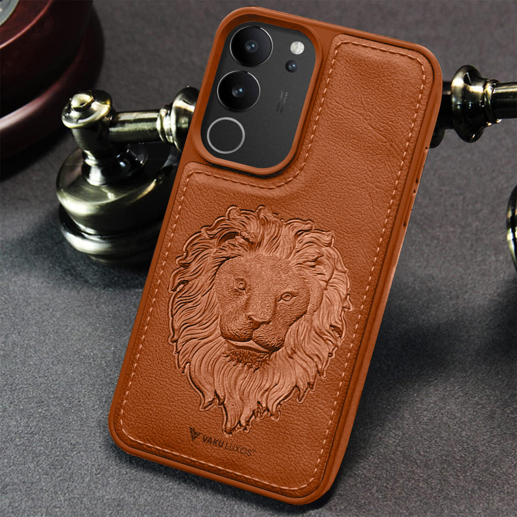 Vaku ® Vivo V29 5G Lion Embossed Luxury Designer Leather Protective Back Cover Case