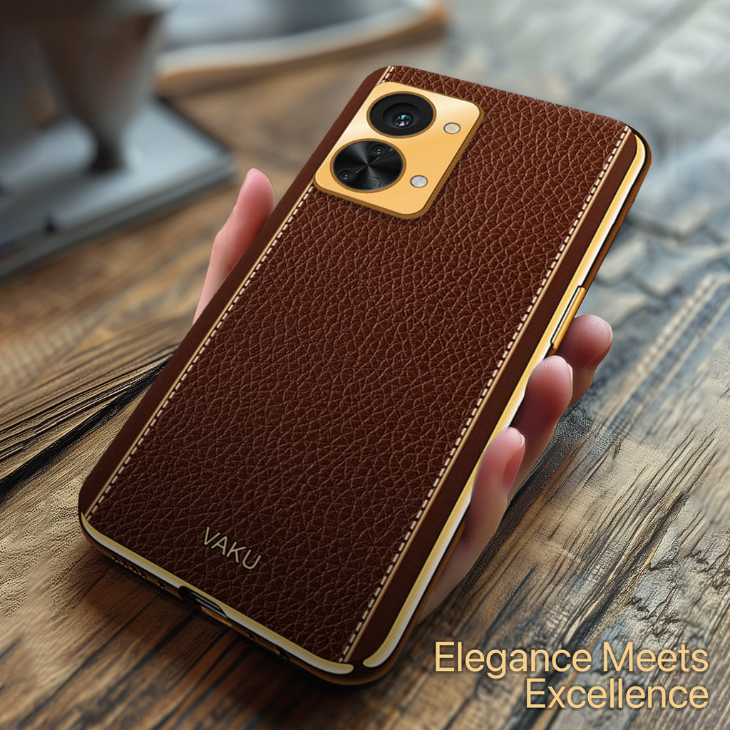 Vaku ® OnePlus Nord 2T 5G Luxemberg Series Leather Stitched Gold Electroplated Soft TPU Back Cover