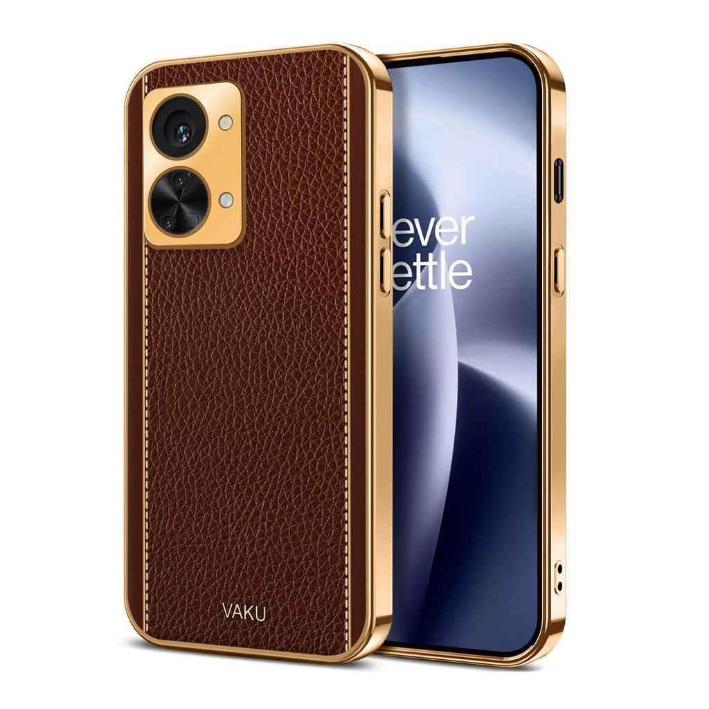 Vaku ® OnePlus Nord 2T 5G Luxemberg Series Leather Stitched Gold Electroplated Soft TPU Back Cover