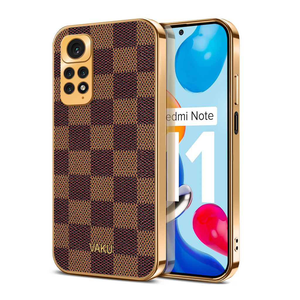 Vaku® Redmi Note 11 Cheron Series Leather Stitched Gold Electroplated Soft TPU Back Cover