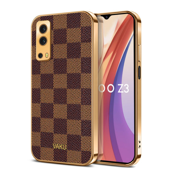 iQOO Z3 5G Cheron Series Leather Stitched Gold Electroplated Soft TPU Back Cover