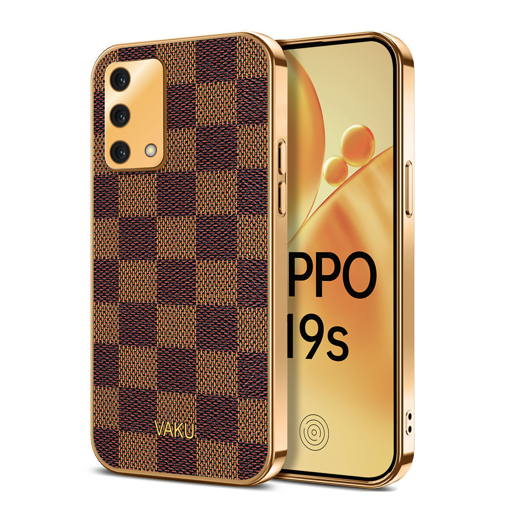 Vaku® Oppo F19s Cheron Series Leather Stitched Gold Electroplated Soft TPU Back Cover