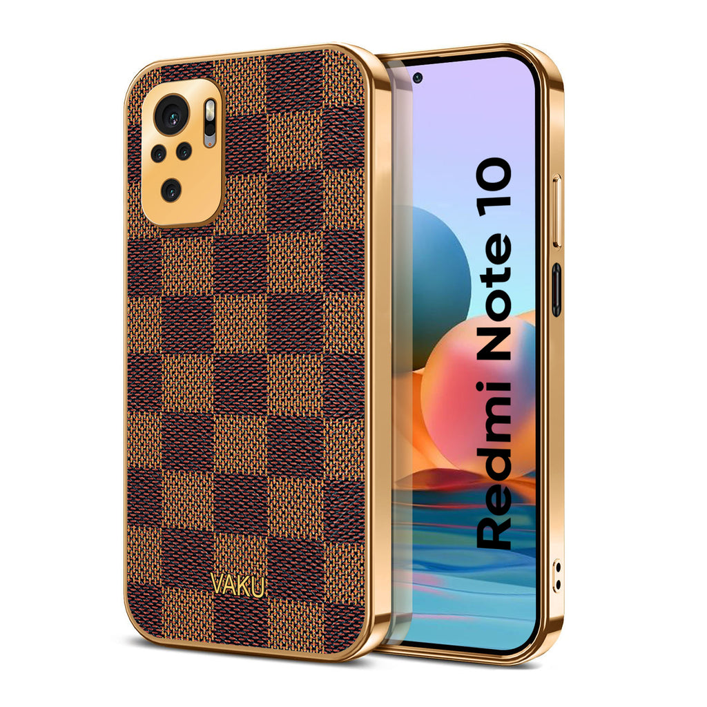 Vaku® Redmi Note 10 Cheron Series Leather Stitched Gold Electroplated Soft TPU Back Cover
