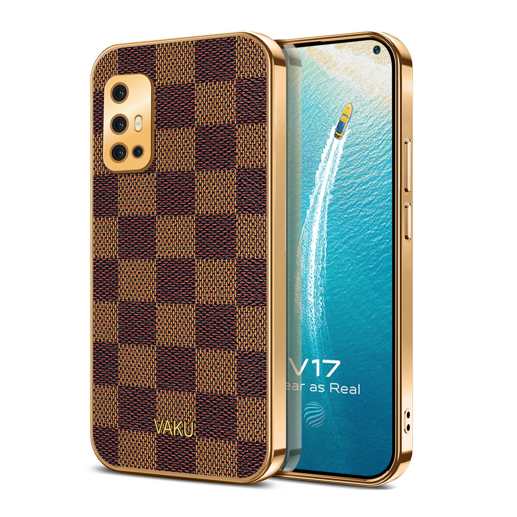 Vaku® Vivo V17 Cheron Series Leather Stitched Gold Electroplated Soft TPU Back Cover
