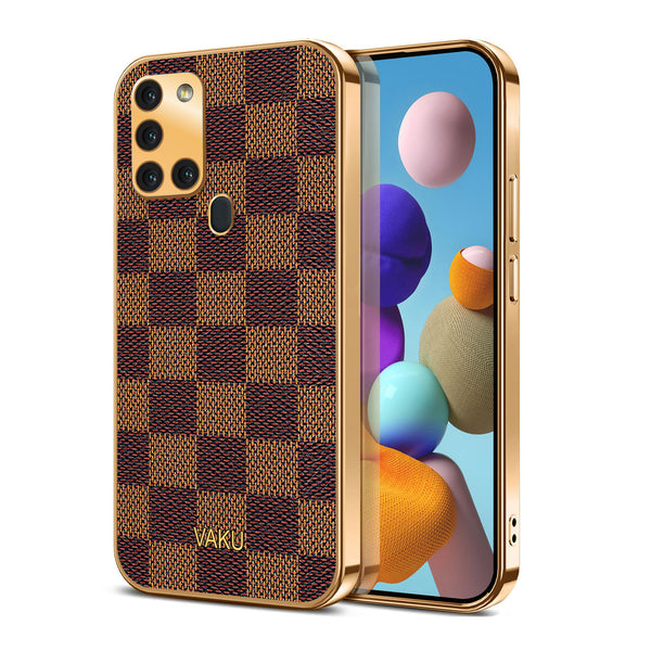 Vaku® Samsung Galaxy A21s Cheron Series Leather Stitched Gold Electroplated Soft TPU Back Cover