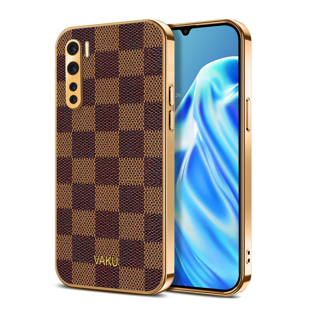 Vaku® Oppo F15 Cheron Series Leather Stitched Gold Electroplated Soft TPU Back Cover