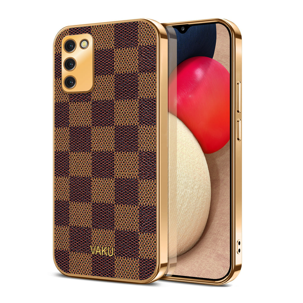 Vaku® Samsung Galaxy M02s Cheron Series Leather Stitched Gold Electroplated Soft TPU Back Cover