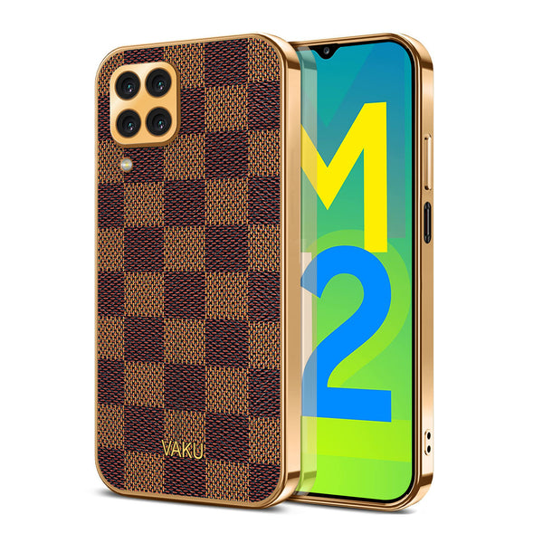 Vaku® Samsung Galaxy M12 Cheron Series Leather Stitched Gold Electroplated Soft TPU Back Cover