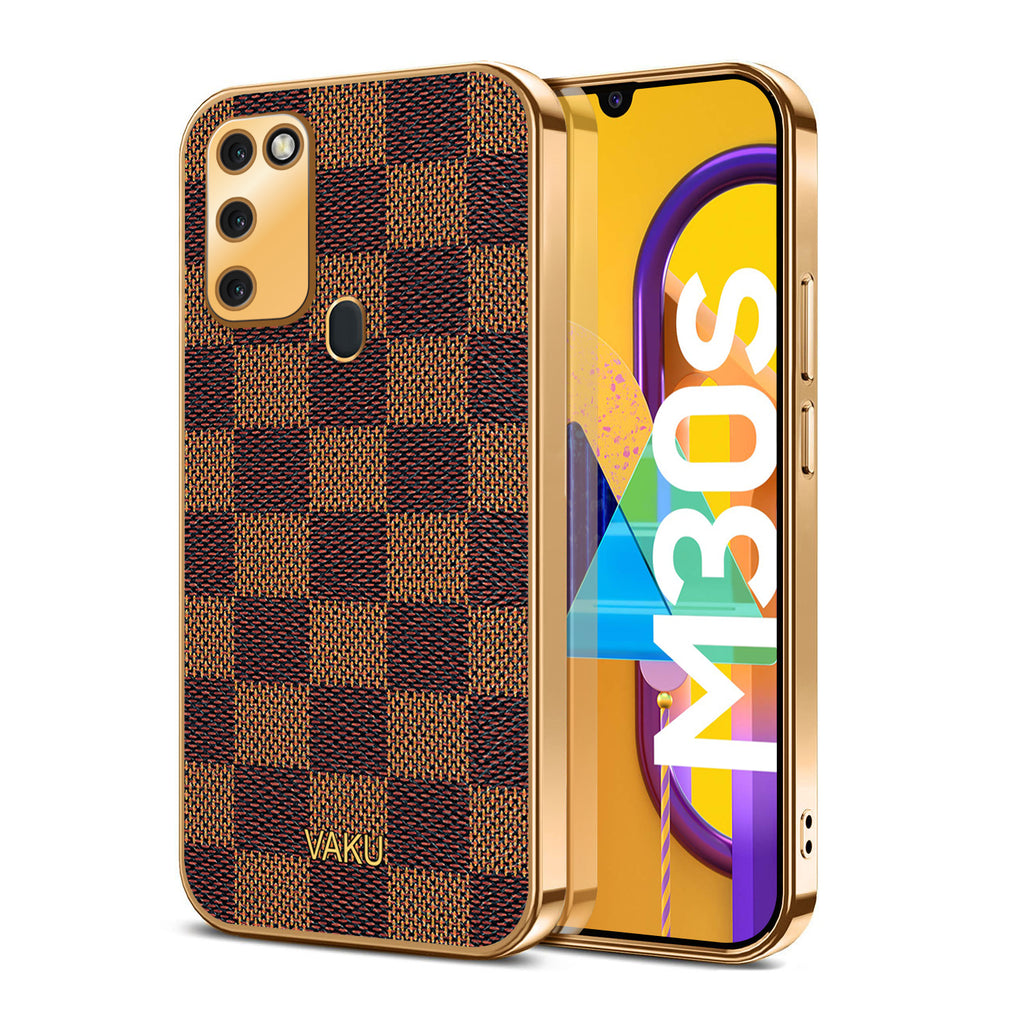 Vaku® Samsung Galaxy M30S Cheron Series Leather Stitched Gold Electroplated Soft TPU Back Cover