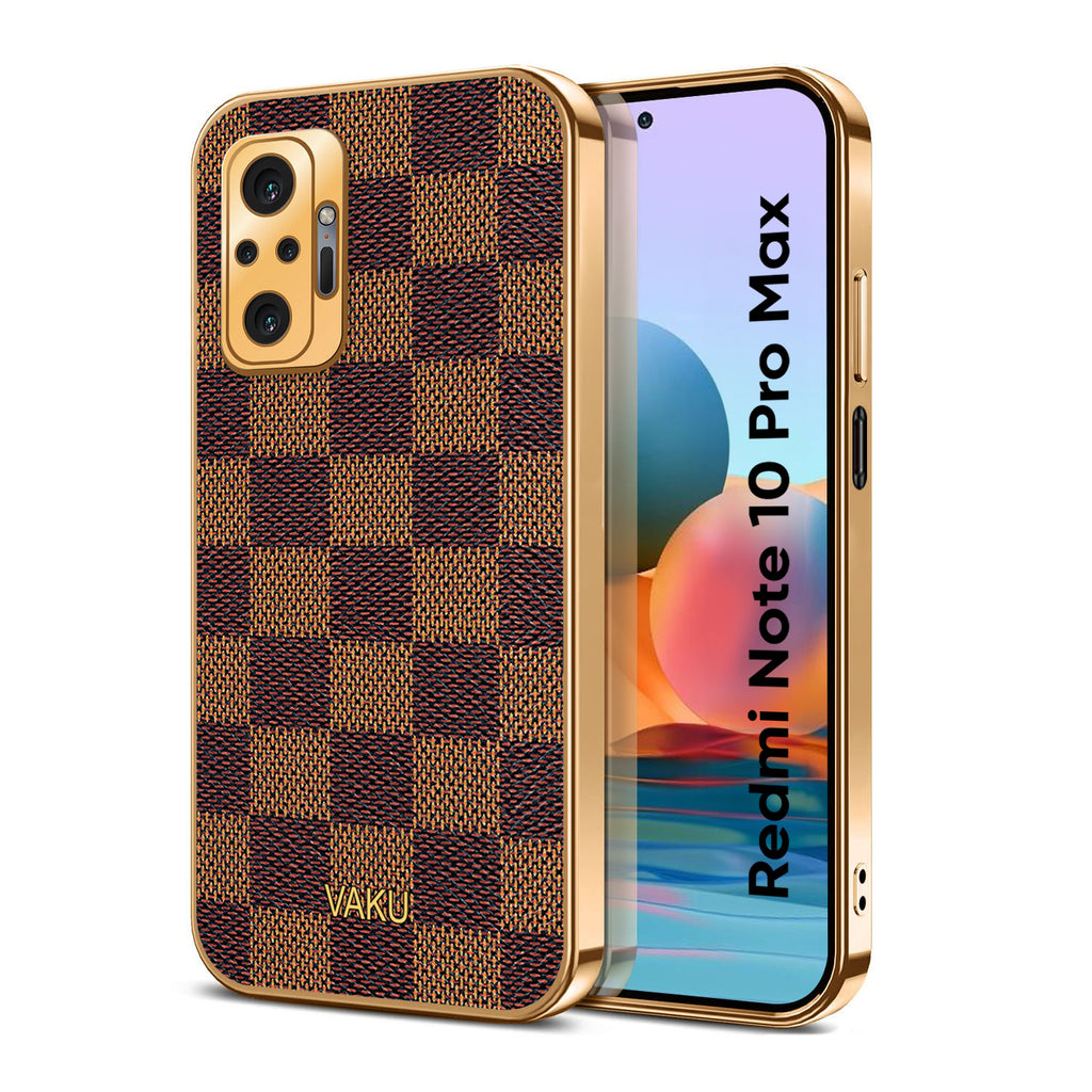 Vaku® Redmi Note 10 Pro Max Cheron Series Leather Stitched Gold Electroplated Soft TPU Back Cover