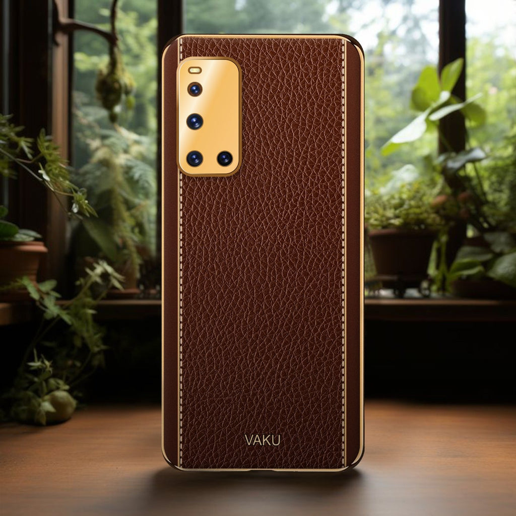 Vaku ® Vivo V19 Luxemberg Series Leather Stitched Gold Electroplated Soft TPU Back Cover