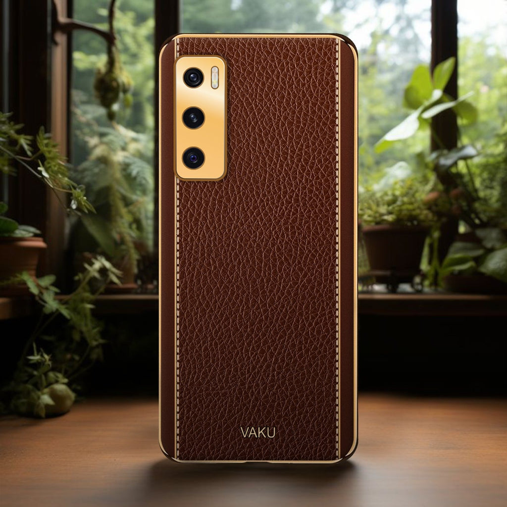 Vaku ® Vivo V20 SE Luxemberg Series Leather Stitched Gold Electroplated Soft TPU Back Cover