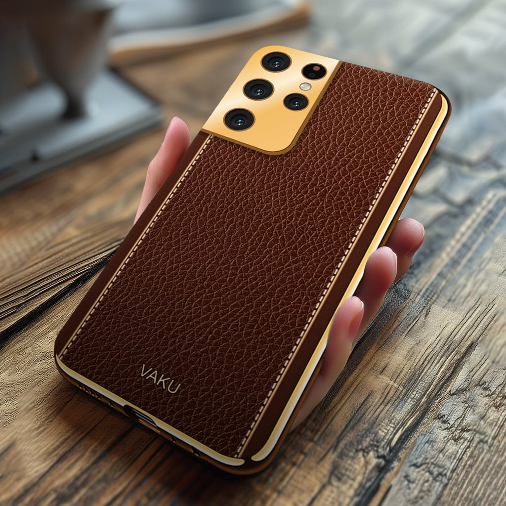 Vaku ® Samsung Galaxy S21 Ultra Luxemberg Series Leather Stitched Gold Electroplated Soft TPU Back Cover