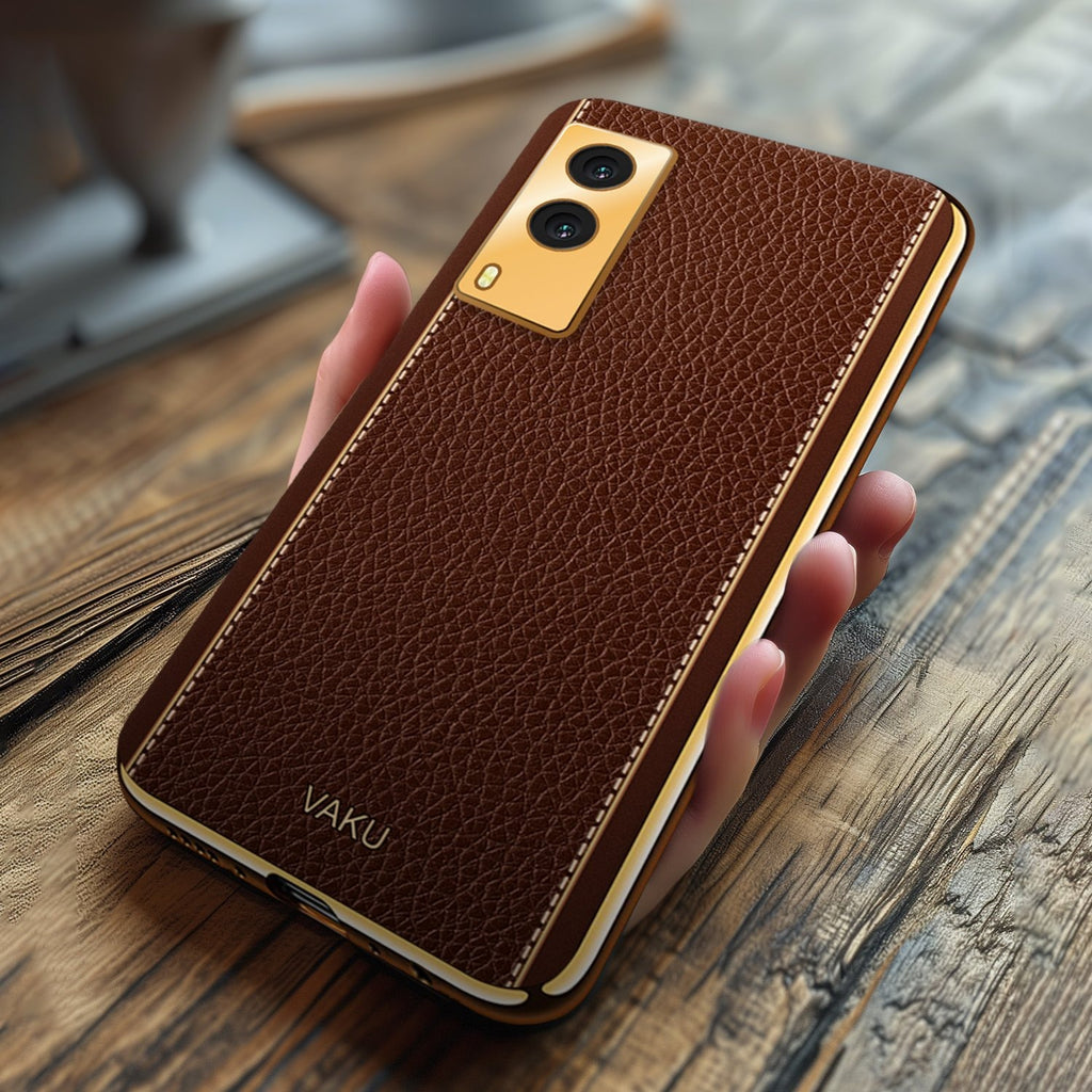 Vaku ® Vivo V21e 5G Luxemberg Series Leather Stitched Gold Electroplated Soft TPU Back Cover