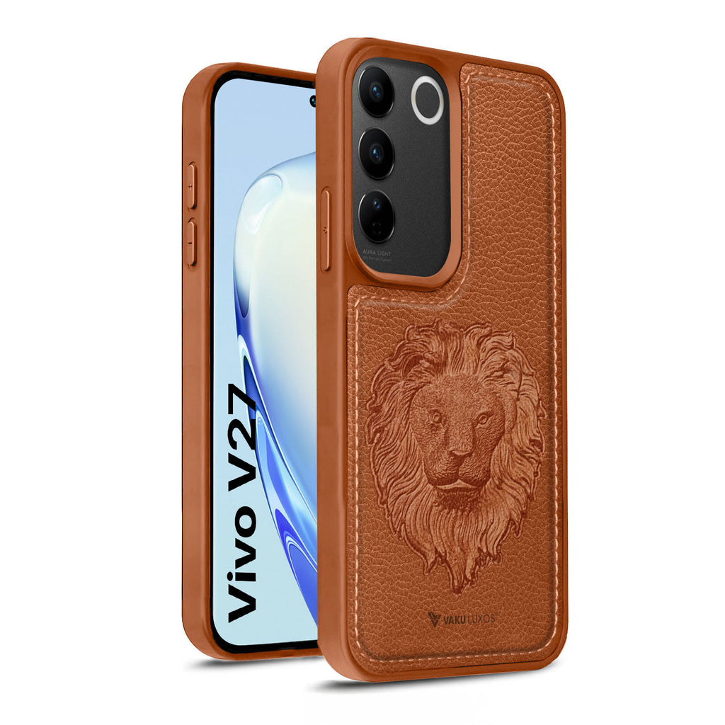 Vaku ® Vivo V27 5G Lion Embossed Luxury Designer Leather Back Cover