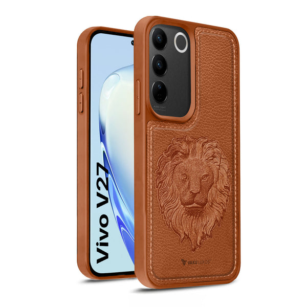 Vaku ® Vivo V27 5G Lion Embossed Luxury Designer Leather Back Cover