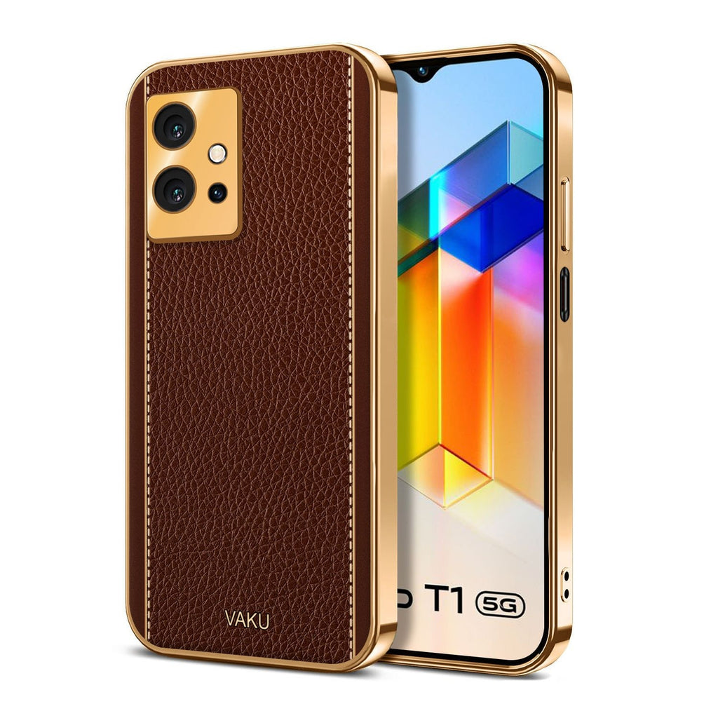 Vaku ® Vivo T1 5G Luxemberg Series Leather Stitched Gold Electroplated Soft TPU Back Cover