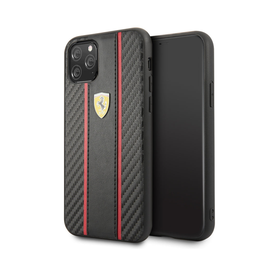 Ferrari ® Apple iPhone 11 Pro Max Carbon Vertical Stripe with Leather + Carbon Fibre Material
