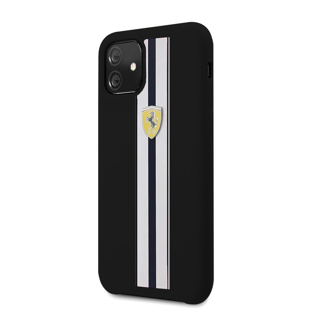 Ferrari ® Apple iPhone 11 White Stripe Liquid Silicon Velvet-Touch Silk Finish Back Cover