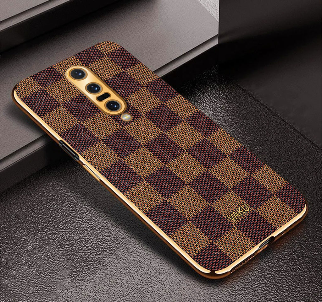 Vaku® OnePlus 7 Pro Cheron Series Leather Stitched Gold Electroplated Soft TPU Back Cover