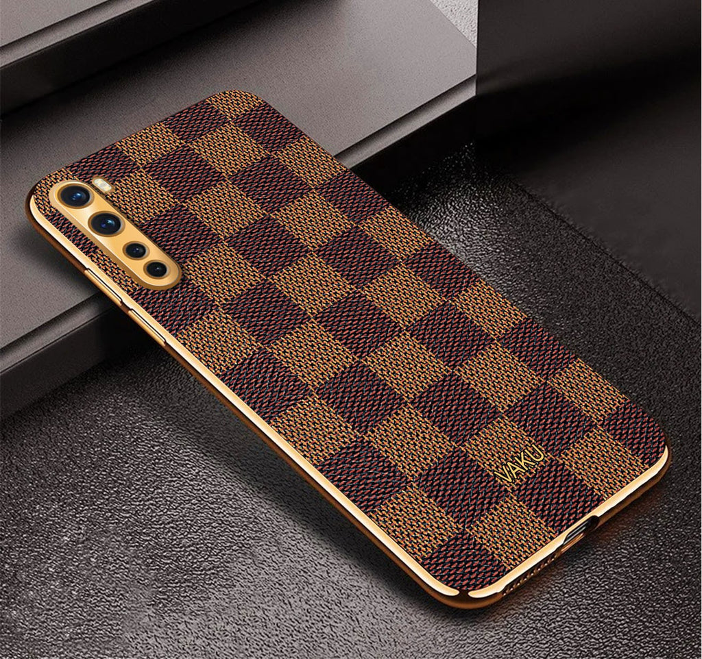 Vaku® Oneplus Nord Cheron Series Leather Stitched Gold Electroplated Soft TPU Back Cover