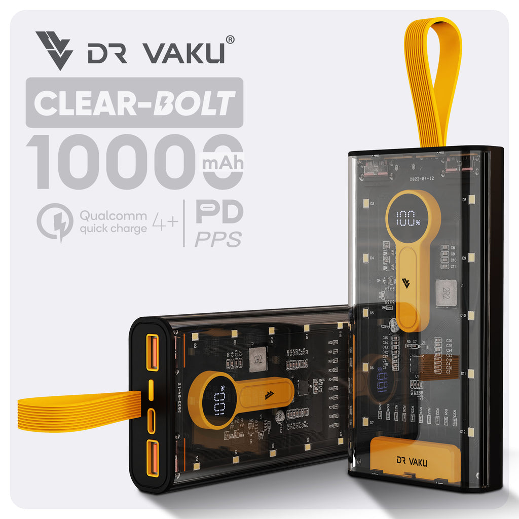 DR VAKU® Clear Bolt 10000 mAh Powerbank 20W Fast Charging, Triple Output Multi-Layer Protection SOS mode