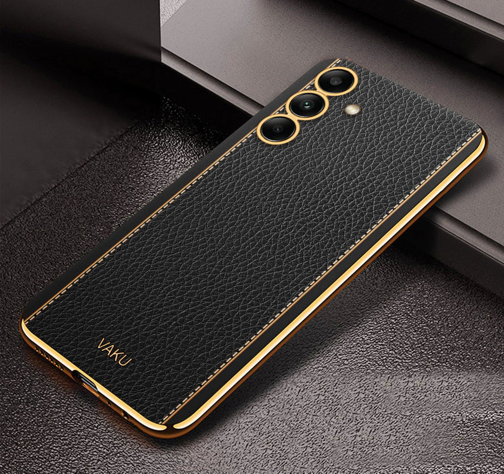 Vaku® Samsung Galaxy A54 Luxemberg Series Leather Stitched Gold Electroplated Soft TPU Back Cover