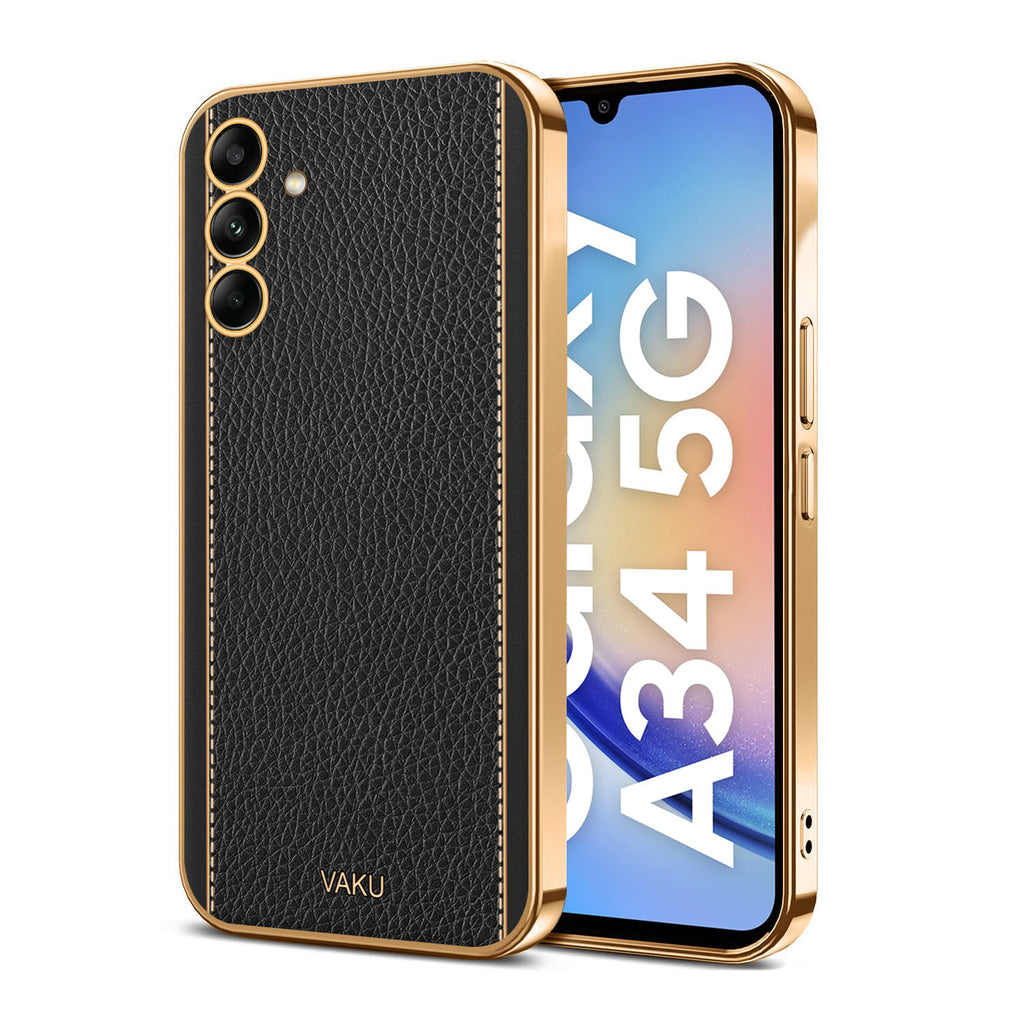 Vaku® Samsung Galaxy A34 Luxemberg Series Leather Stitched Gold Electroplated Soft TPU Back Cover
