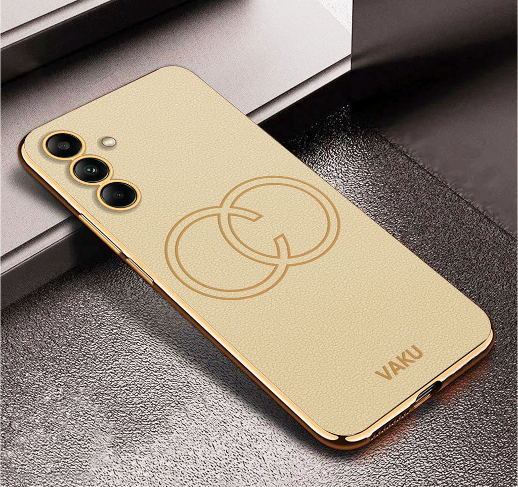 Vaku® Samsung Galaxy M14 5G Skylar Leather Pattern Gold Electroplated Soft TPU Back Cover