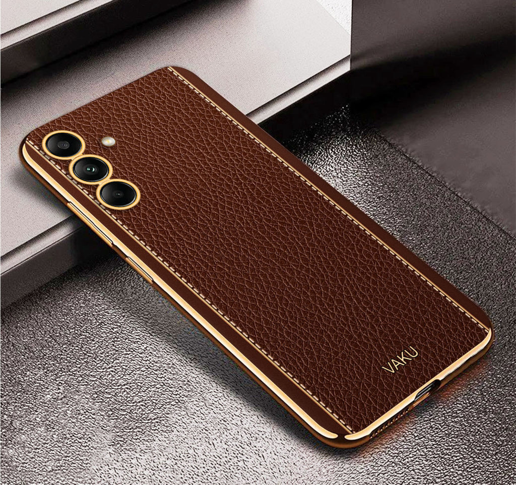 Vaku ® Samsung Galaxy M34 5G Luxemberg Leather Pattern Gold Electroplated Soft TPU Back Cover