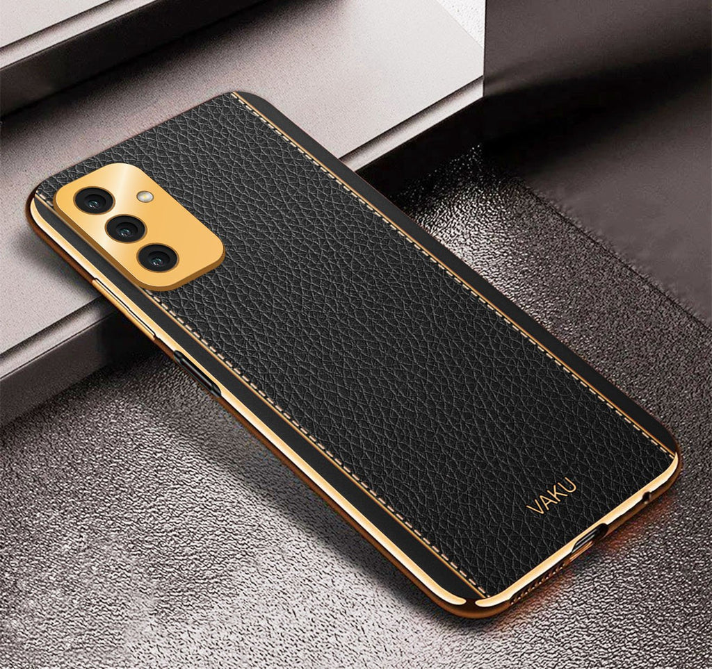 Vaku® Samsung Galaxy F13 Luxemberg Series Leather Stitched Gold Electroplated Soft TPU Back Cover
