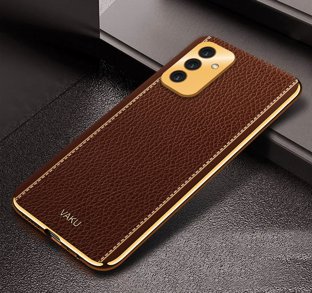Vaku® Samsung Galaxy F13 Luxemberg Series Leather Stitched Gold Electroplated Soft TPU Back Cover