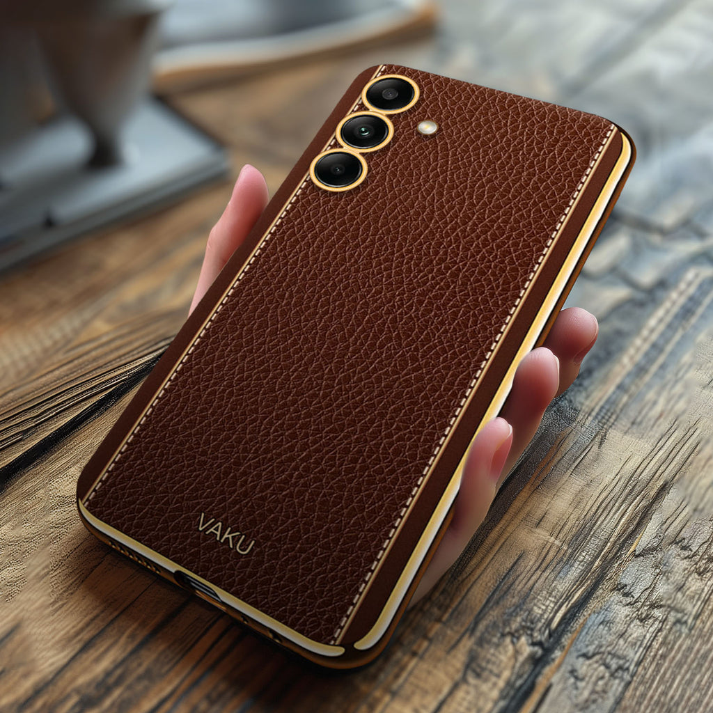 Vaku ® Samsung Galaxy A04s Luxemberg Series Leather Stitched Gold Electroplated Soft TPU Back Cover