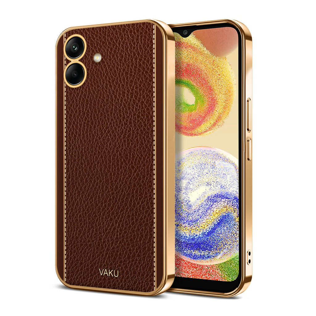 Vaku ® Samsung Galaxy A04 Luxemberg Series Leather Stitched Gold Electroplated Soft TPU Back Cover