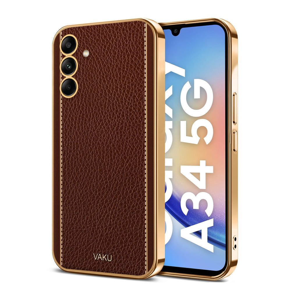 Vaku ® Samsung Galaxy A34 Luxemberg Series Leather Stitched Gold Electroplated Soft TPU Back Cover