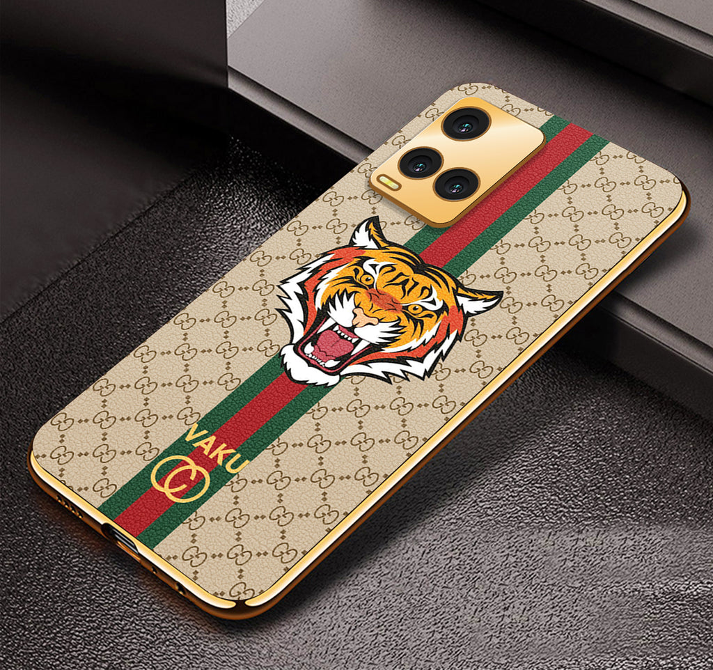 Vaku ® Vivo Y21T Lynx Leather Stitched Gold Electroplated Soft TPU Back Cover Case