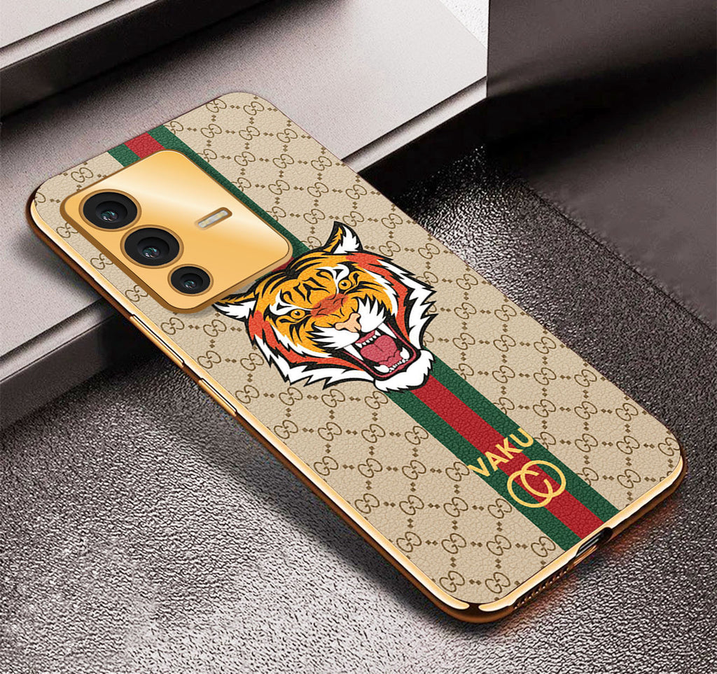 Vaku ® Vivo V23 5G Lynx Designer Leather Pattern Gold Electroplated Soft TPU Back Cover Case