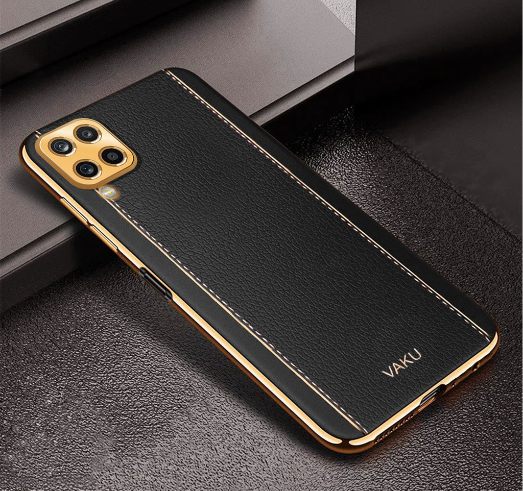 Vaku® Samsung Galaxy M12 Luxemberg Series Leather Stitched Gold Electroplated Soft TPU Back Cover