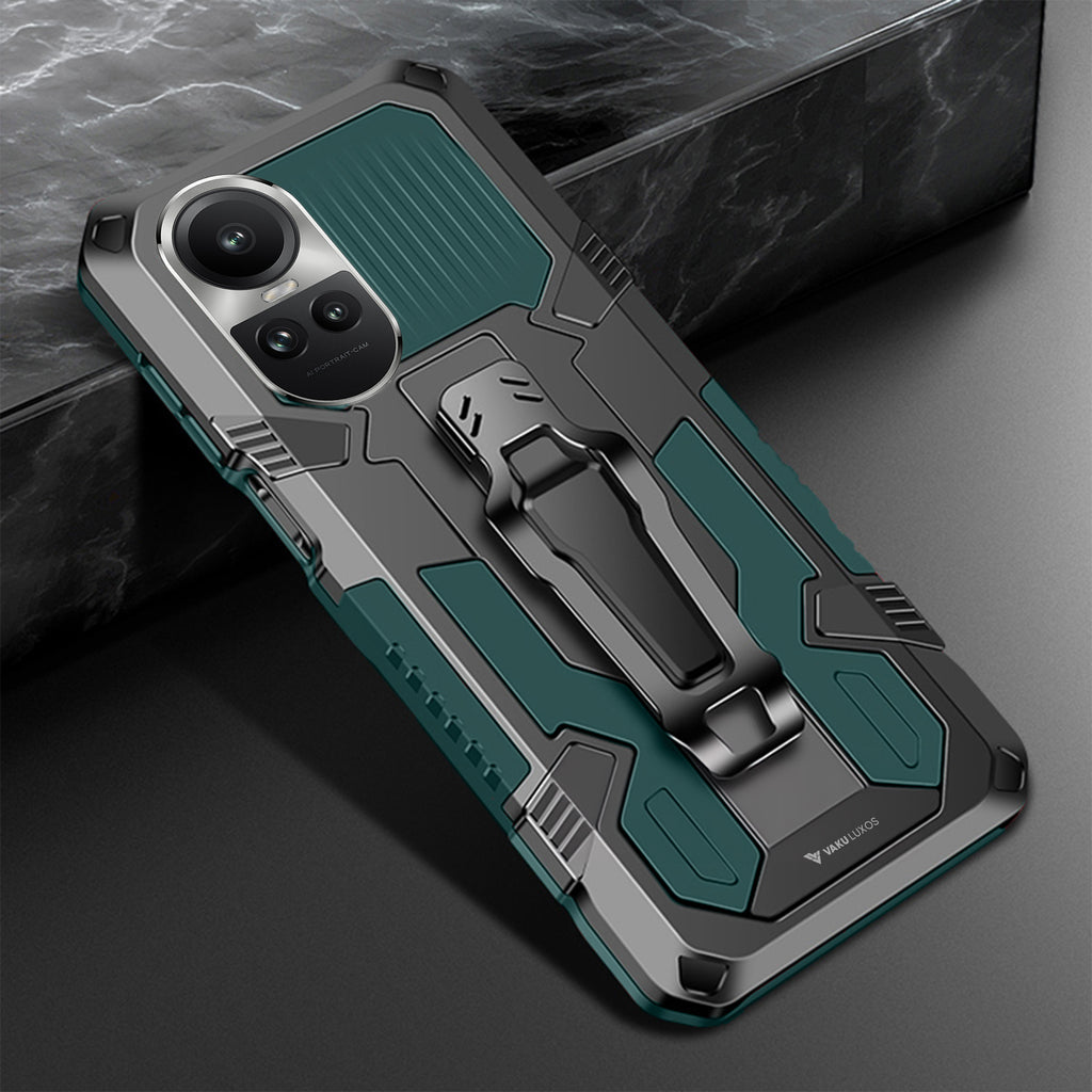 Vaku ® Oppo Reno10 Pro 5G Vanguard Military Grade Armor Case with Metal Belt Clip Kickstand Back Cover