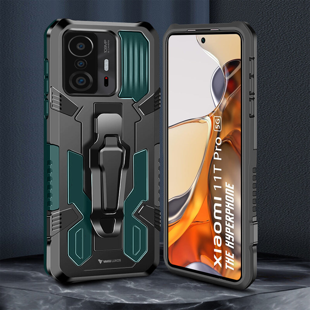 Vaku ® Xiaomi 11T Pro 5G Vanguard Military Grade Armor Case with Metal Belt Clip Kickstand Back Cover