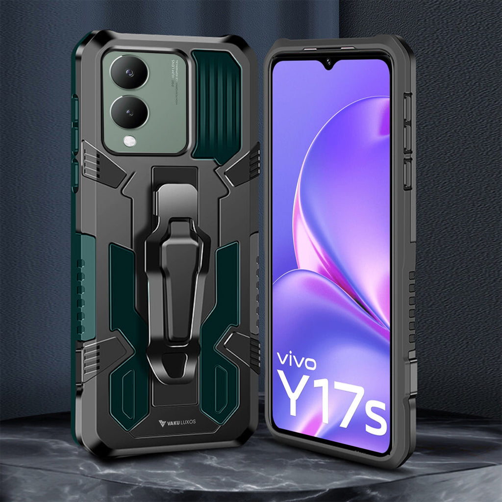 Vaku ® Vivo Y17s Vanguard Military Grade Armor Case with Metal Belt Clip Kickstand Back Cover