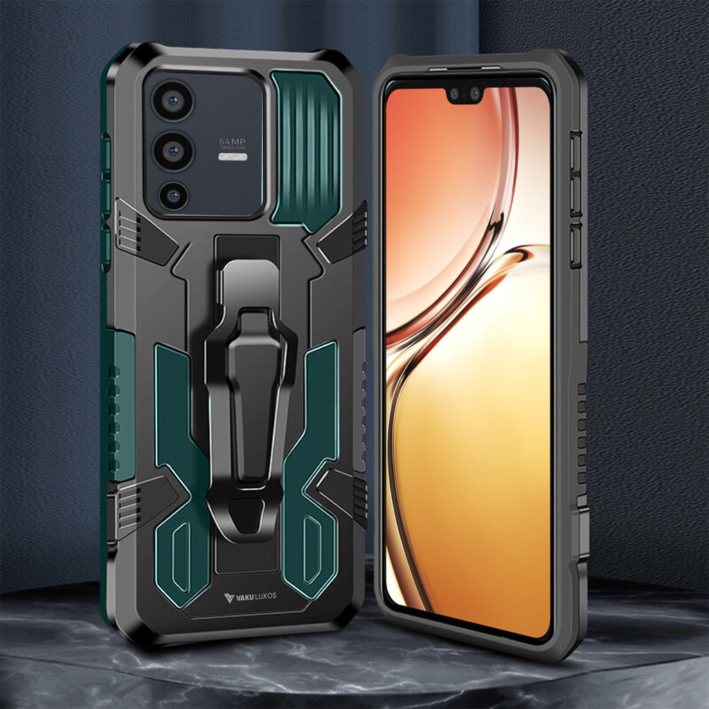 Vaku® Vivo V23 5G Vanguard Military Grade Armor Case with Metal Belt Clip Kickstand Back Cover
