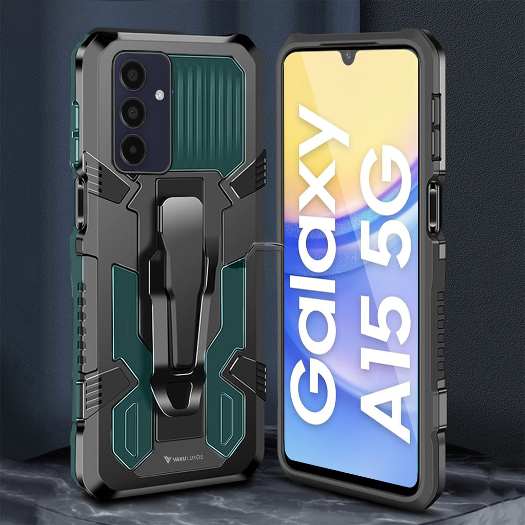 Vaku ® Samsung Galaxy A15 5G Vanguard Military Grade Armor Case with Metal Belt Clip Kickstand Back Cover