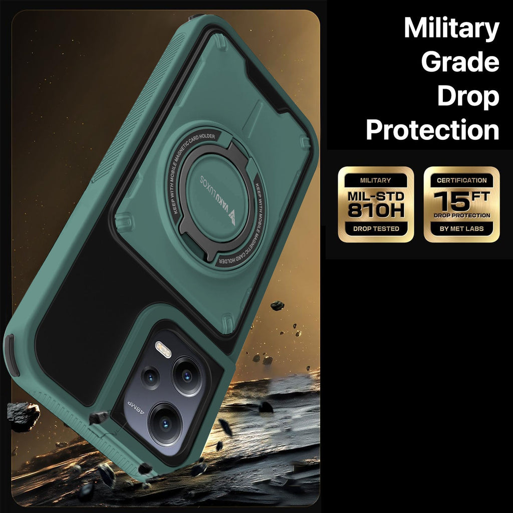 Vaku Luxos® Xiaomi Redmi Note 12 5G Axion Armor Military Grade Protective Case with Magnetic Ring Holder Kickstand Back Cover