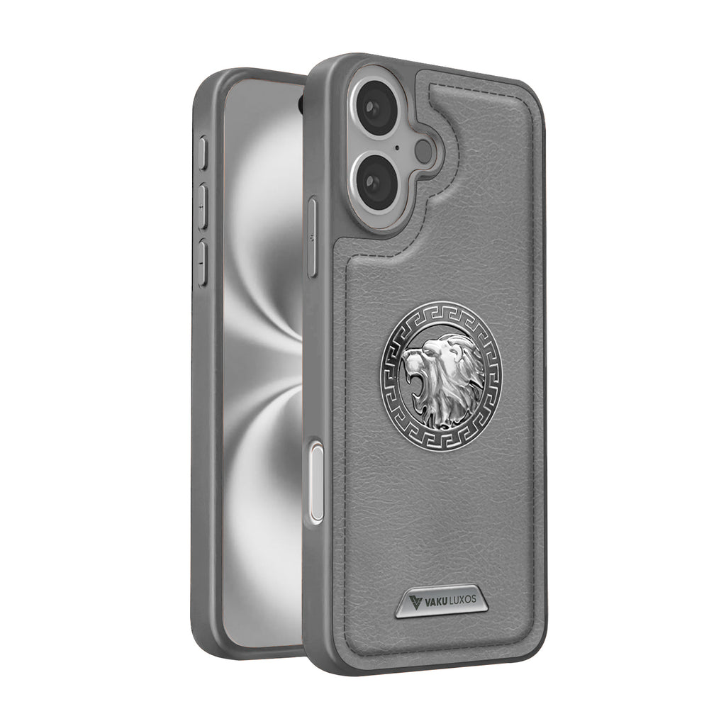 Vaku ® Apple iPhone 16 Plus Regal Shield Metal Lion Engraved Leather Protective Back Cover
