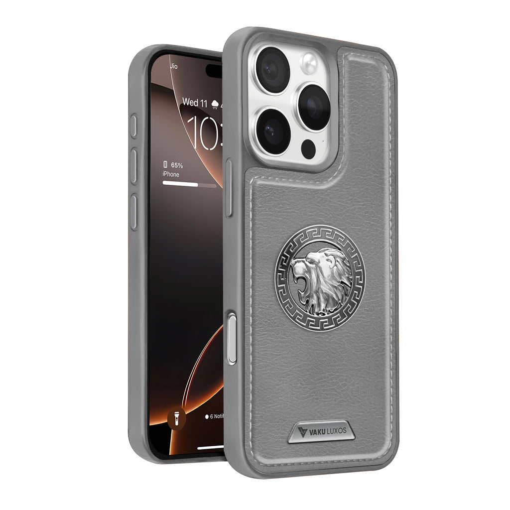 Vaku ® Apple iPhone 16 Pro Regal Shield Metal Lion Engraved Leather Protective Back Cover