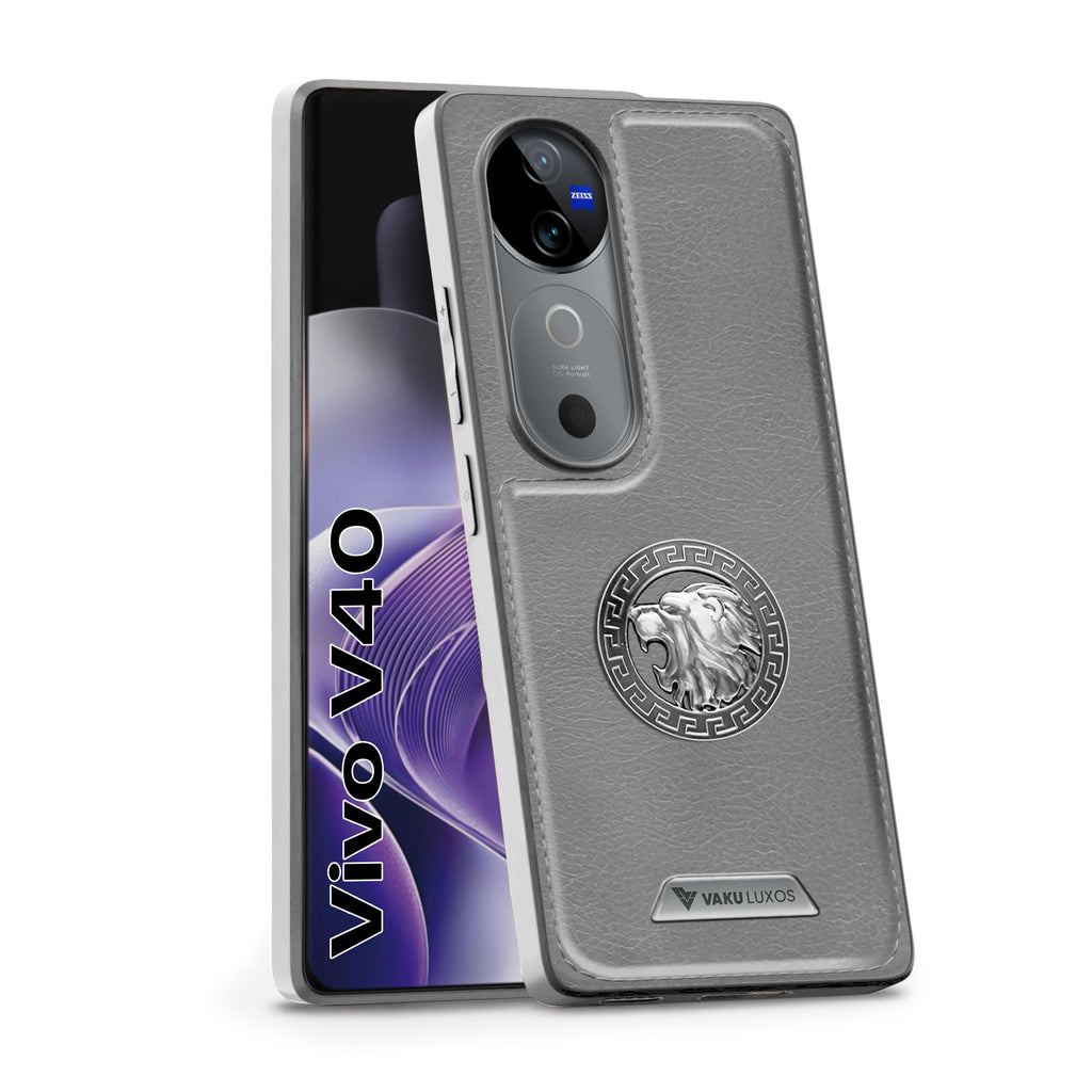 Vaku ® Vivo V40 5G Regal Shield Metal Lion Engraved Leather Back Cover