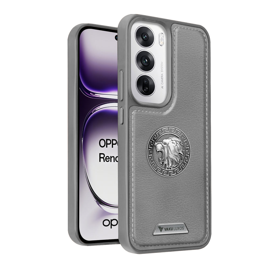 Vaku ® Oppo Reno12 Pro Regal Shield Metal Lion Engraved Leather Protective Back Cover